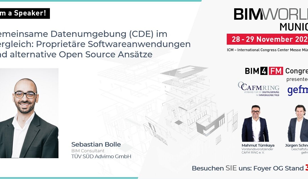 Sebastian Bolle spricht auf dem „BIM4FM“ Kongress zum Thema „Gemeinsame Datenumgebung (CDE) im Vergleich: Proprietäre Softwareanwendungen und alternative Open Source Ansätze“